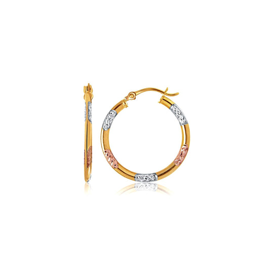 10k Tri-Color Gold Classic Hoop Earrings with Diamond Cut Details - Zavaldi