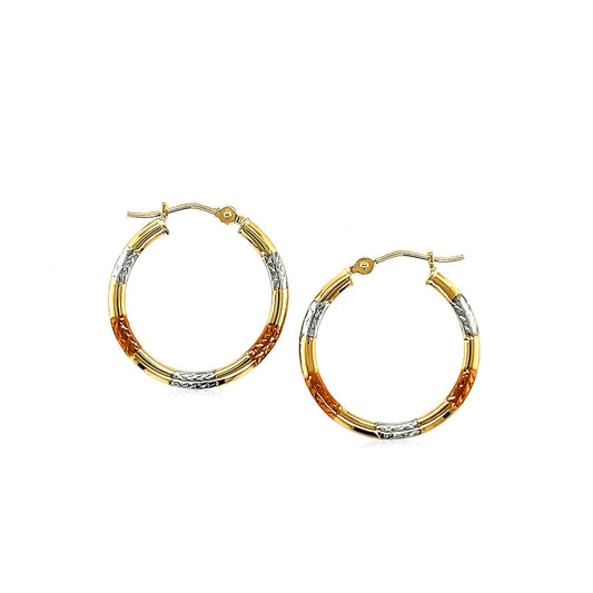 10k Tri-Color Gold Classic Hoop Earrings with Diamond Cut Details - Zavaldi