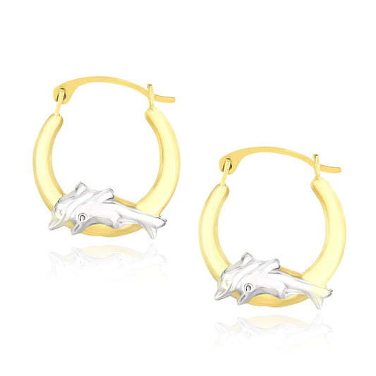 10k Two-Tone Gold Round Graduated Dolphin Design Hoop Earrings - Zavaldi