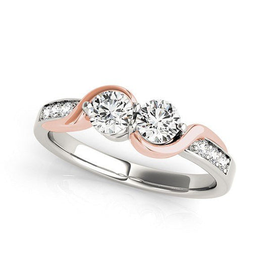 14k White And Rose Gold Round Two Diamond Curved Band Ring (5/8 cttw) - Zavaldi