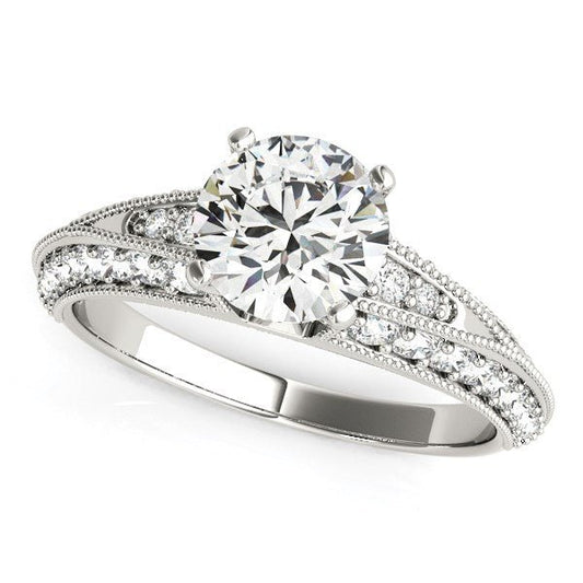 14k White Gold Pronged Round Antique Diamond Engagement Ring (1 1/2 cttw) - Zavaldi